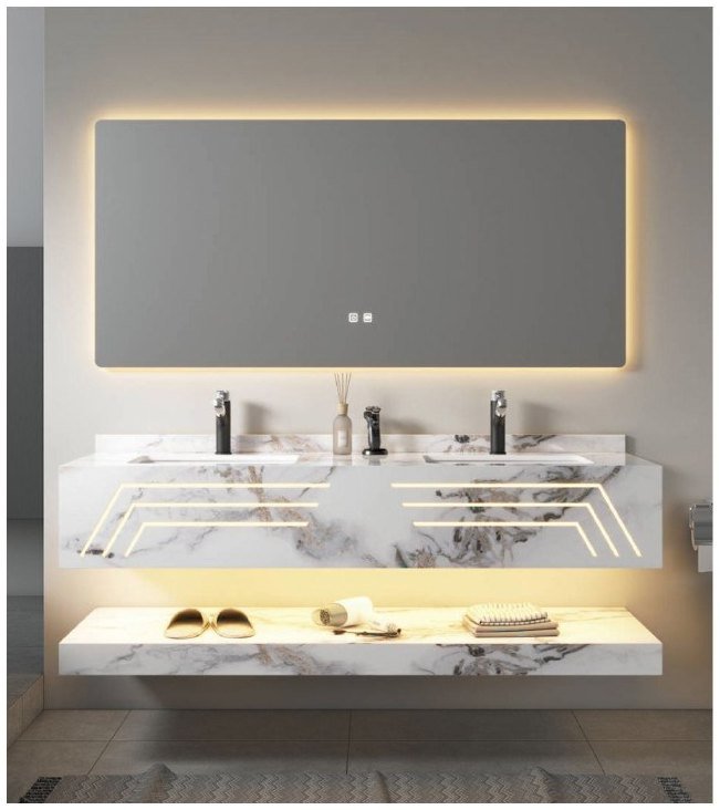 Rock Slab Cabinets and LED Mirrors